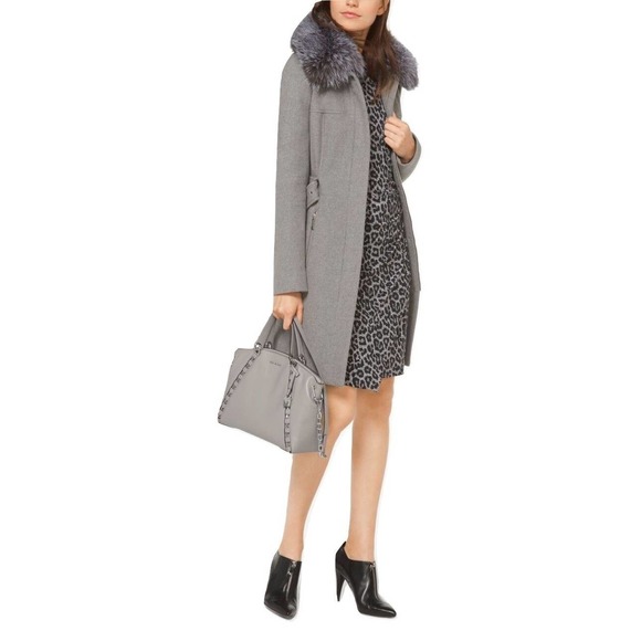 Michael Kors Real Fox Fur Trimmed Wool Blend Belted Coat Nickel/Gray 10 Nwt $595